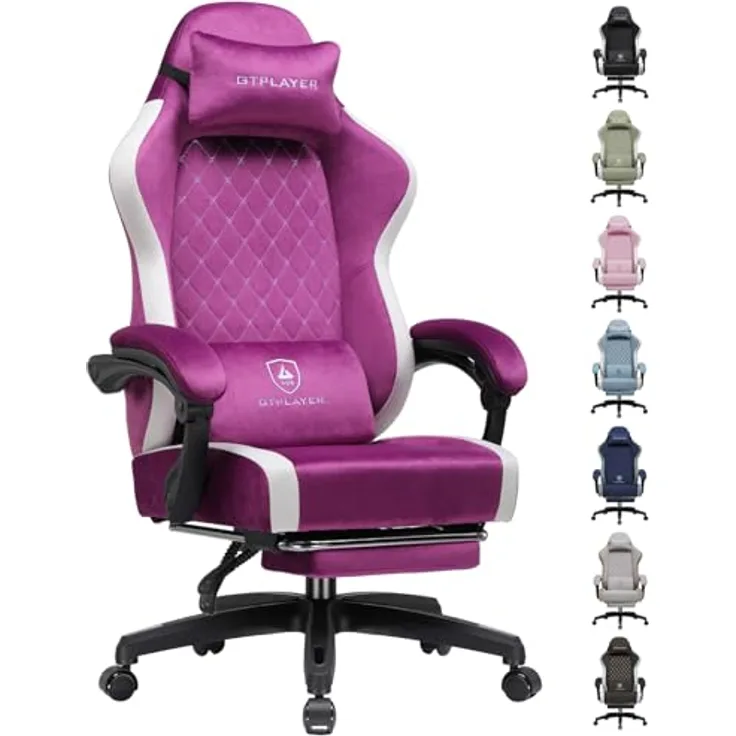 GTPLAYER Gaming Stuhl Ergonomischer, PC Stuhl Atmungsaktiver Stoff, Groß und Hoch Drehbarer Schreibtischstuhl mit Fußstütze,Verstellbare Lendenwirbelstütze und Kopfstütze,Lila