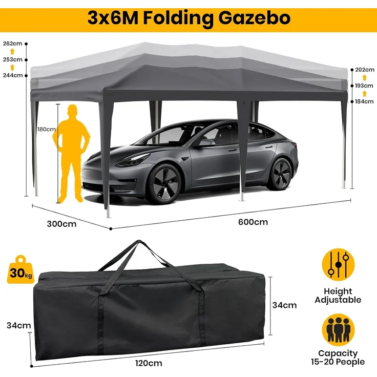 Velway Faltpavillon 3x6 m Wasserdicht Pavillon - Anti-UV Stabil Winterfest Faltbar Partyzelt - Gartenpavillon mit 6 Seitenwänden & Dach 12 Erdhaken & 6 Seile - Gartenzelt für Freien Hochzeiten - Grau – Bild 3