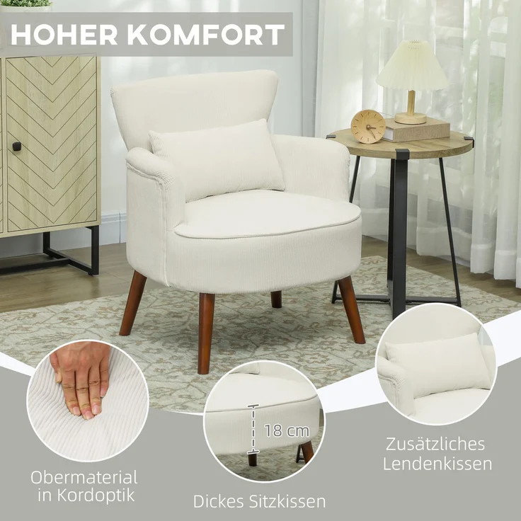 DESVIAE Sessel gepolstert mit Lendenkissen 69,5x78x69 cm Polyester cremeweiß – Bild 5