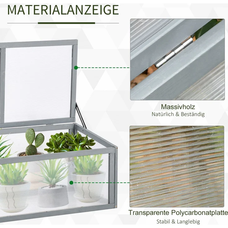 MELAYR, Frühbeet Holz und Polycarbonat Treibhaus 90 x 46 x 40 cm Gewächshaus mit Abdeckung wetterfest, Grau – Bild 6