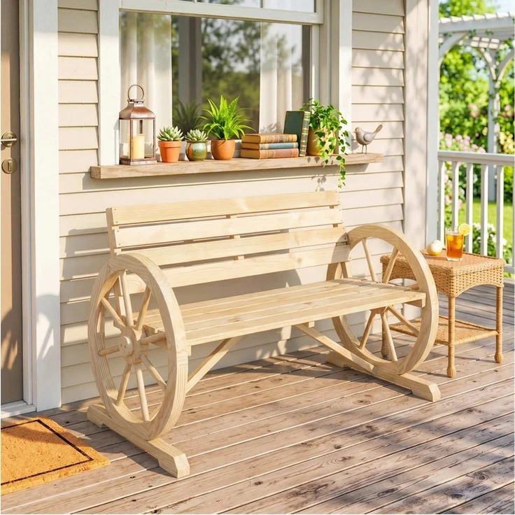 Outsunny Gartenbank 2-Sitzer Sitzbank Holzbank Wagenrad mit Armlehne Landhausstil Tannenholz Naturholz 105,5 x 56 x 79 cm – Bild 1