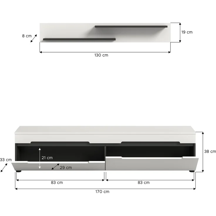 Lowboard inkl. Wandboard (B/H/T: 170x38x33 cm) in weiß Nachbildung – Bild 4