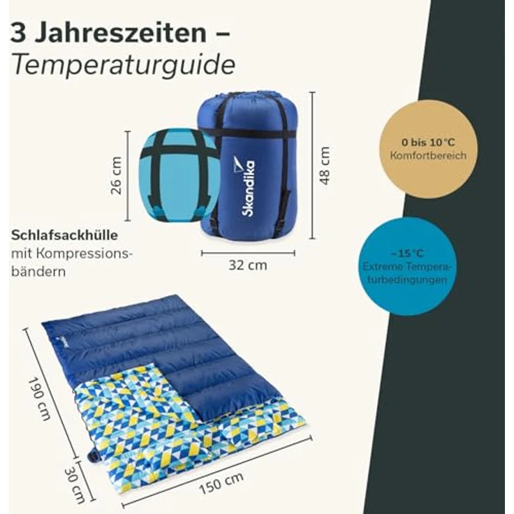 Skandika Doppelschlafsack, 3-Jahreszeiten, extra breit, 2 Kissen, Packsack, Camping Inn-/Outdoor – Bild 7