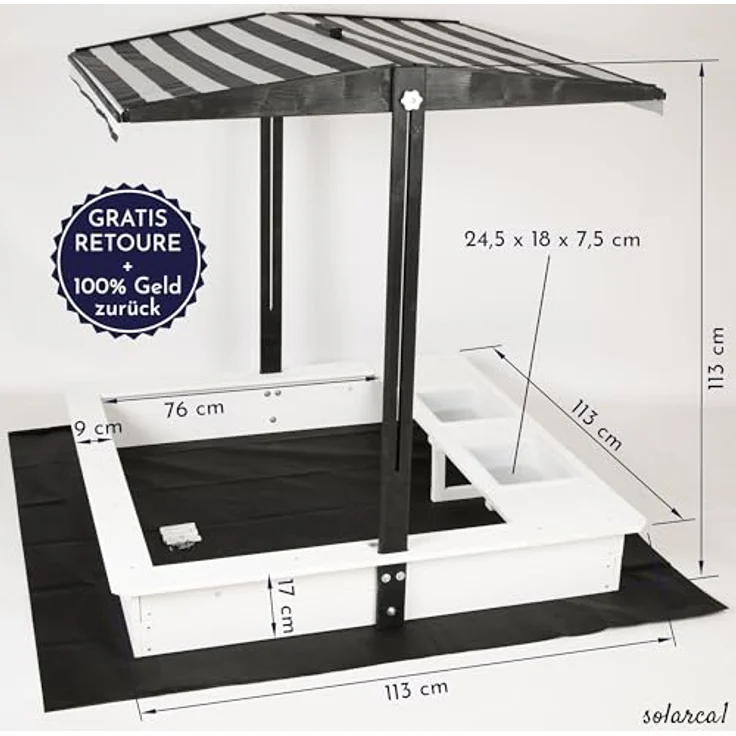 WONDERMAKE Sandkasten mit Abdeckung und Dach, 2x Matschküche, quadratisch aus lasiertem Fichte-Holz, schwarz-weiß, 113x113 cm, verschließbar – Bild 6