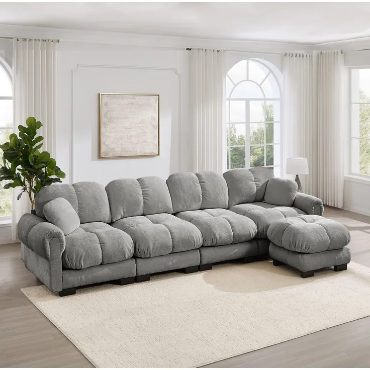 Modulares Ecksofa aus Chenille mit Ottomane, 330x149x90 cm, Hellgrau