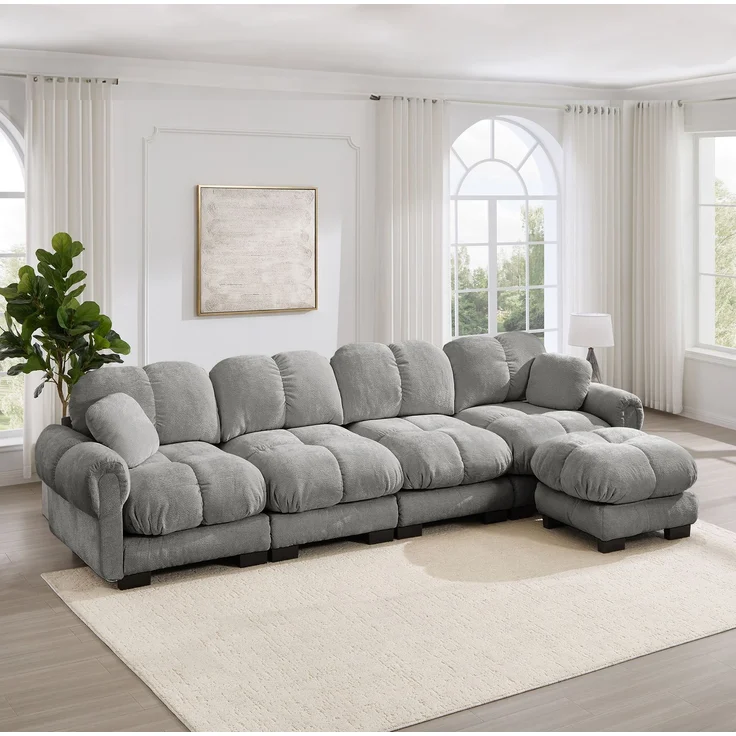 Modulares Ecksofa aus Chenille mit Ottomane, 330x149x90 cm, Hellgrau – Bild 1