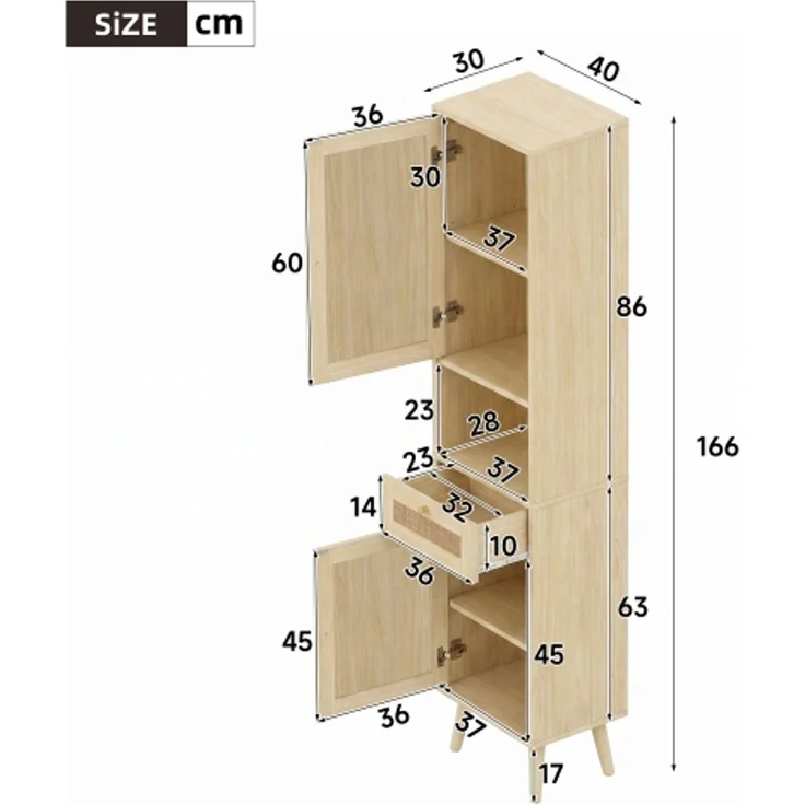 Flieks Badezimmer-Hochschrank 40x30x166 cm, Badschrank aus MDF in Naturholzfarbe mit Rattan-Türen, Schublade, Soft-Close & wendbarer Montage – Bild 4
