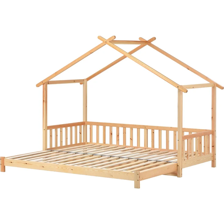 Erweiterbares Hausbett 208x182x170 ausziehbares Kinder- und Tagesbett, reines Massivholz (Kiefer), wandelbar als Einzel- und Doppelbett, natur – Bild 5