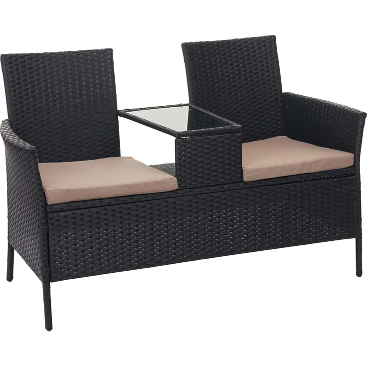 MCW E24 Poly-Rattan Sitzbank mit Tisch, schwarz, inkl. cremefarbener Sitzkissen, wasserabweisend, maximale Belastbarkeit 120 kg