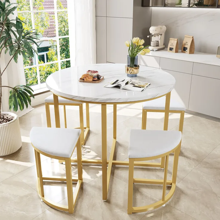 Runder Esstisch 80 cm mit 4 Samtstühlen, MDF Tischplatte weiß, Essgruppe mit vergoldetem Metallrahmen für Küche & Esszimmer