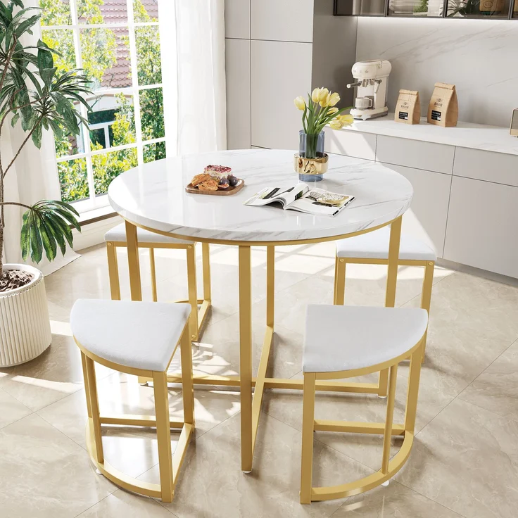 Runder Esstisch 80 cm mit 4 Samtstühlen, MDF Tischplatte weiß, Essgruppe mit vergoldetem Metallrahmen für Küche & Esszimmer – Bild 1