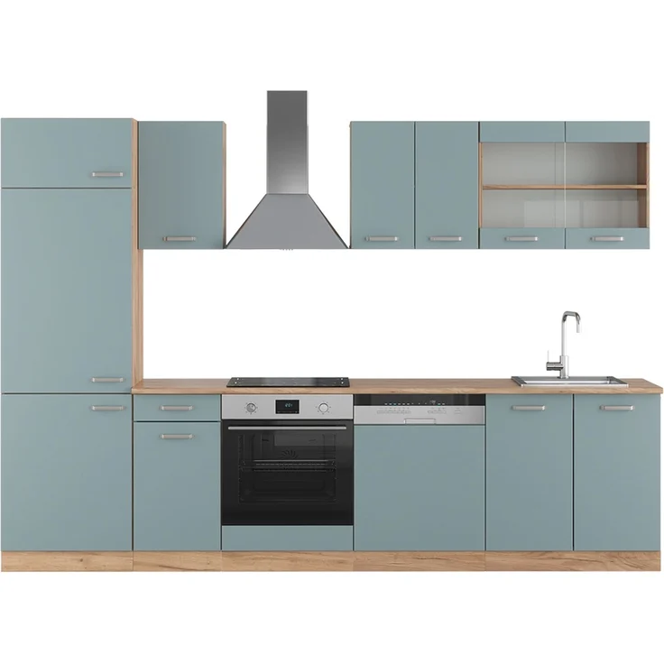 Küchenzeile R-Line Blau-Grau/Goldkraft Eiche 300 cm , AP Eiche Vicco – Bild 1