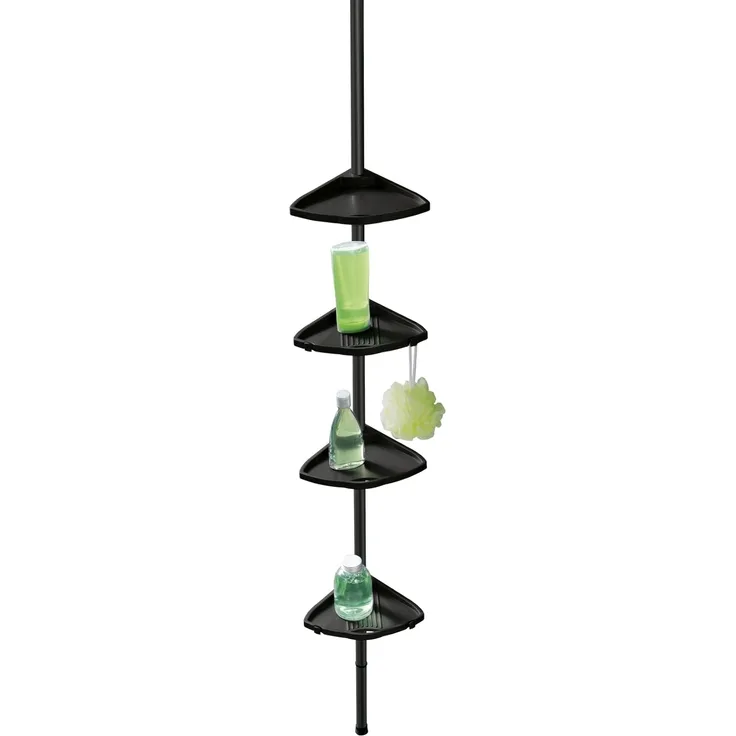 WENKO Duschregal Compact, Eckregal mit 4 Ablagen und 8 Haken, Montage ohne Bohren, Aluminium