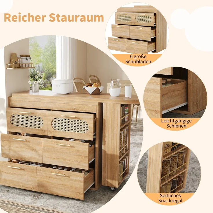 Bartisch mit 6 Schubladen & PE Rattan Türen, 360° drehbarer Stehtisch mit Kippsicherung, viel Stauraum, Metallgriffe, Bistrotisch für Wohnzimmer, Küche, Esszimmer, Arbeitsbereich--Natürlich--140x46.99x14cm--YOUDENOVA – Bild 10