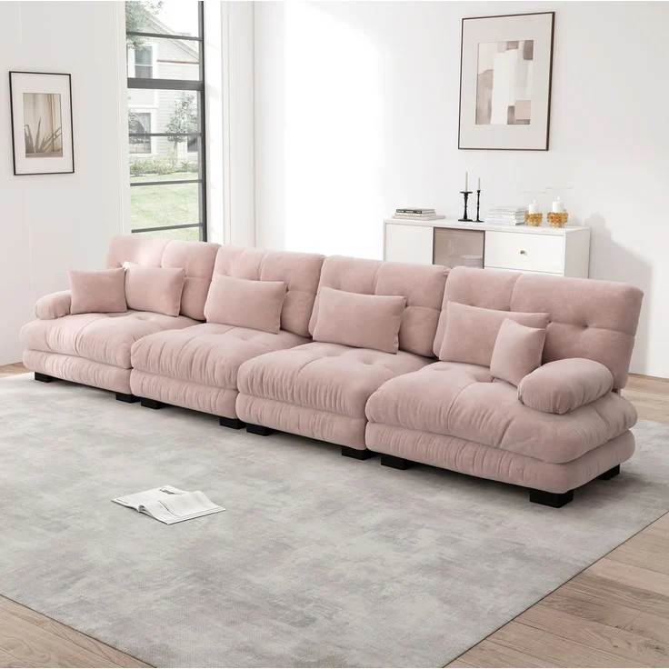 DESVIAE Sofa modular mit Tiefensitz und Kissen, Chenille Rosa, 406 x 77 x 81 cm – Bild 2
