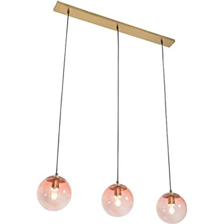 Qazqa Art Deco Hängelampe, 3-flammig mit rosa Glas und messingfarbenem Finish, dimmbar E27, für Wohnzimmer und Schlafzimmer, länglich, LED geeignet