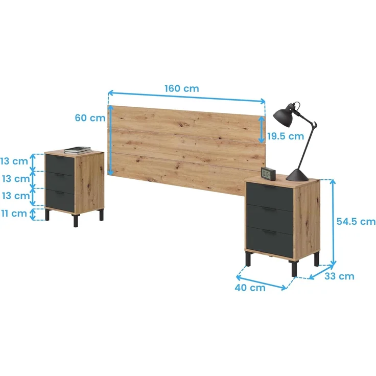 Habitdesign, modernes Kopfteil mit 2 Nachttischen und 6 Schubladen für Doppelbett, Schlafzimmer-Set in Eiche Nodi & Anthrazit, viel Stauraum, Maße: 240 x 74 x 33 cm (B x H x T), Modell Enzo – Bild 7