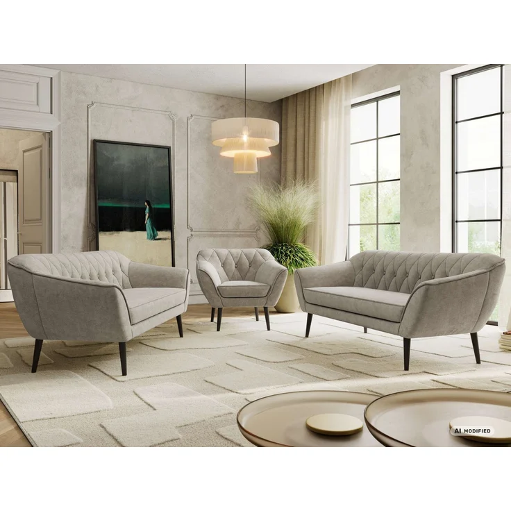 Wohnzimmerset, Möbelset PIRS 3-3-1, Armlehnen, Wellenfederung, schwarze Füße, Dreisitzer Sofas mit Sessel, Polstermöbel Set - Greige Stukture – Bild 1