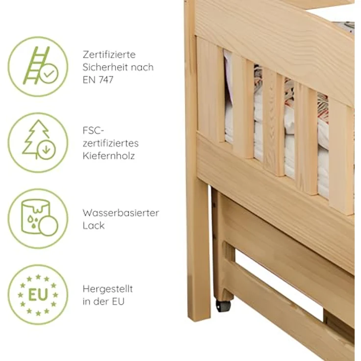 Kids Collective Etagenbett Hochbett Kinderbett 90x200 cm mit Lattenrost und Rausfallschutz, mit Ausziehbett, zwei Schubladen und drei Matratzen, natur – Bild 8