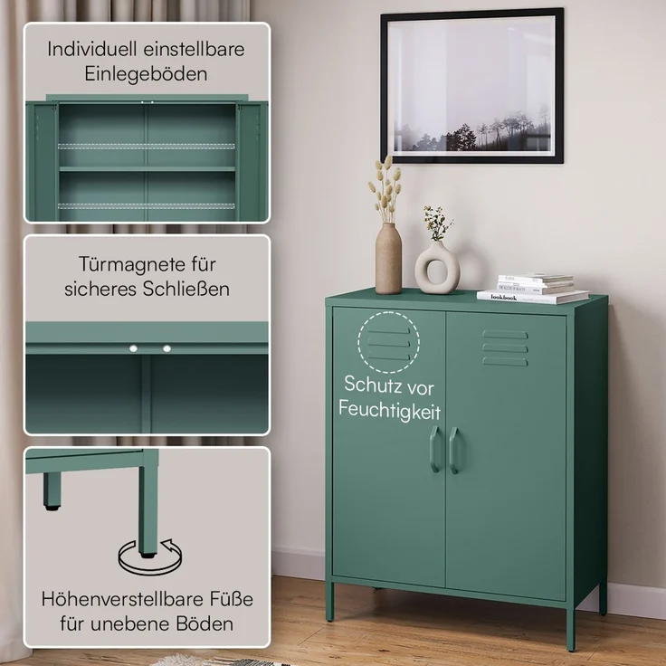 skølm 'Atria' Metallkommode, dunkelgrün, 100x38x80 cm, Metallschrank mit 3 Fächern – Bild 3
