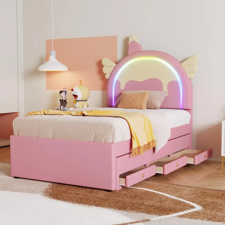 Polsterbett mit Stauraum und LED-Beleuchtung, 90x200 cm, Kopfteil höhenverstellbar, Kinderbett, Einzelbett, Kunstleder – Bild 3