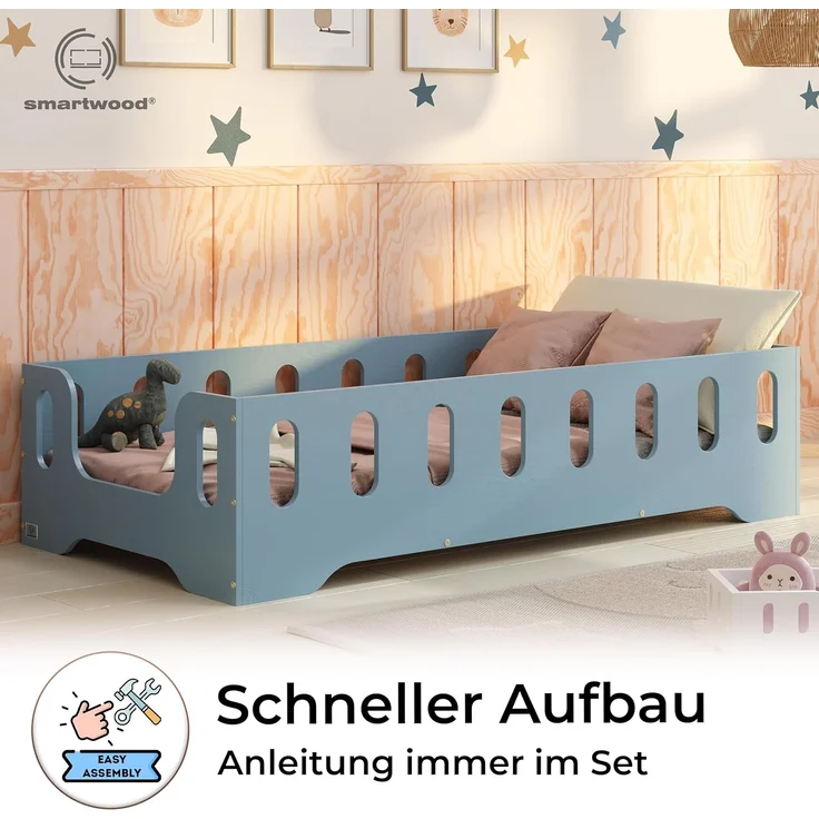 smartwood Kinderbett Bodenbett 90x190 mit Rausfallschutz & Lattenrost - Blau - Kinder Montessori Bett TILA 2B mit glatten Kanten - Betten für schnelle Montage - Bis 230 kg belastbar – Bild 4