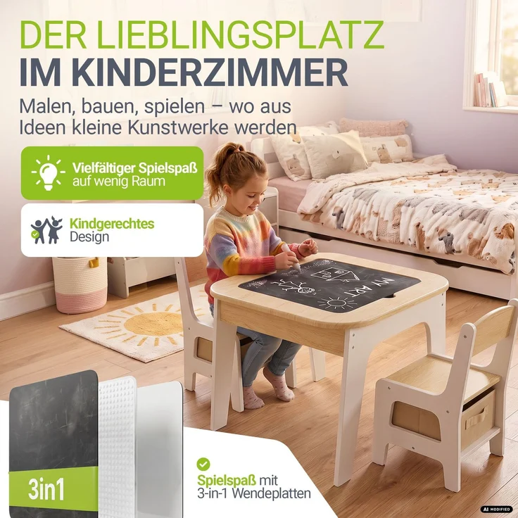 Juskys 'Milou' Kindersitzgruppe mit 2 Stühlen, 1 Tisch & Stauraum, Holz weiß – Bild 7