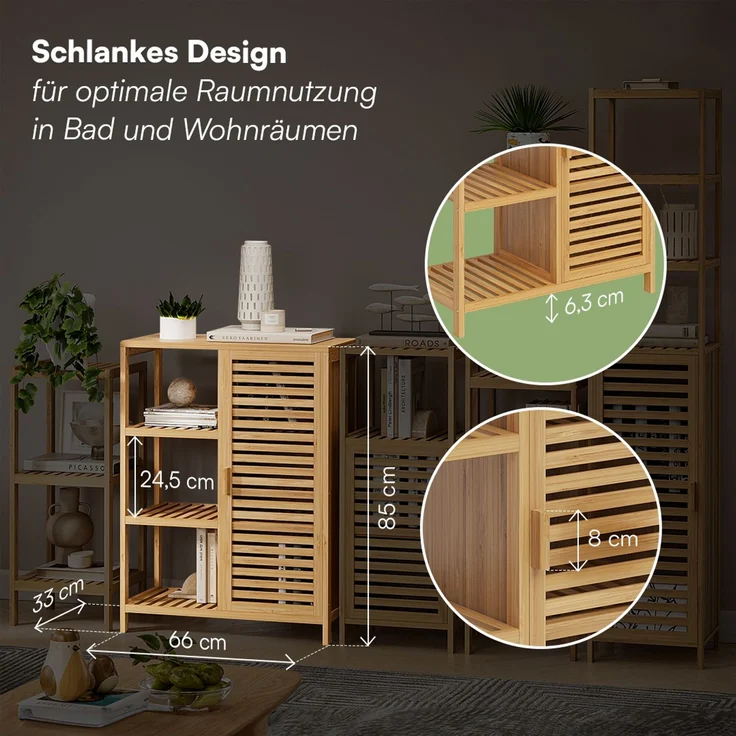Bellamio 'Newa' Badezimmer Set aus Waschbeckenunterschrank und Badschrank mit 6 Ablagefächern, Bambus, natur – Bild 7