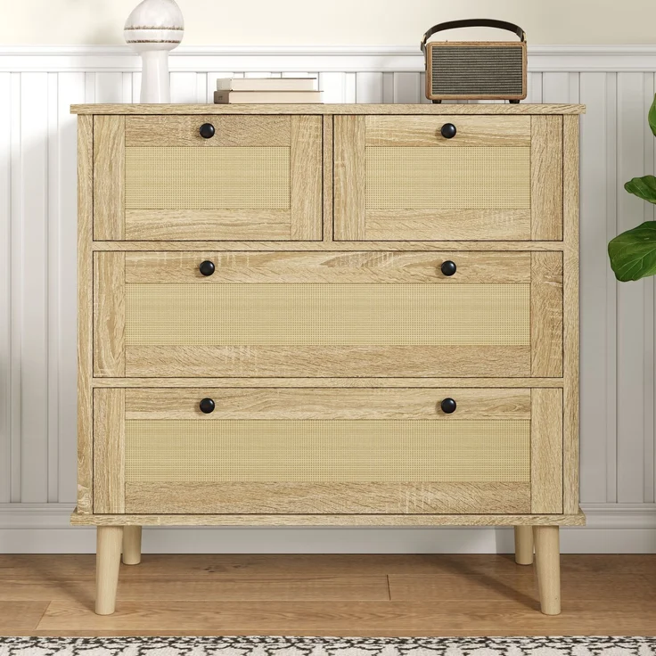 Schrank mit Rattangeflecht 80 x 40 x 80 cm, Kommode Holzfarbe, 4 Schubladen, Massivholzbeine – Bild 4