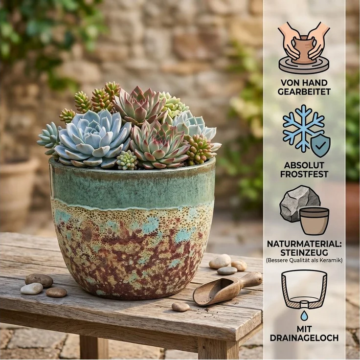 Teramico Blumentopf Pflanztopf Keramik Antik Grün – Ø 21 x 18 cm (1 St), Frostfest, UV-Fest – Bild 3