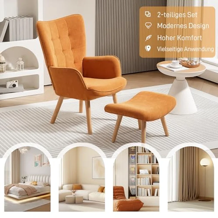 HOMCOM Relaxsessel Ohrensessel mit Hoher Rückenlehne, Holzbeine (Sessel mit Hocker, 2-St, Loungesessel), mit getuftetem Design, Cord-Optik, für Wohnzimmer, Braun – Bild 7