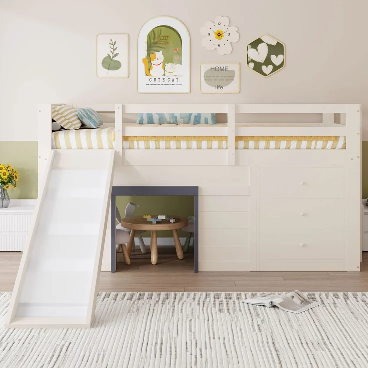 Merax Etagenbett Hochbett 90x200cm mit Rutsche, Kinderbett Hausbett mit 3 Schubladen, mit Rausfallschutz und Lattenrost, Stockbett Creme – Bild 4