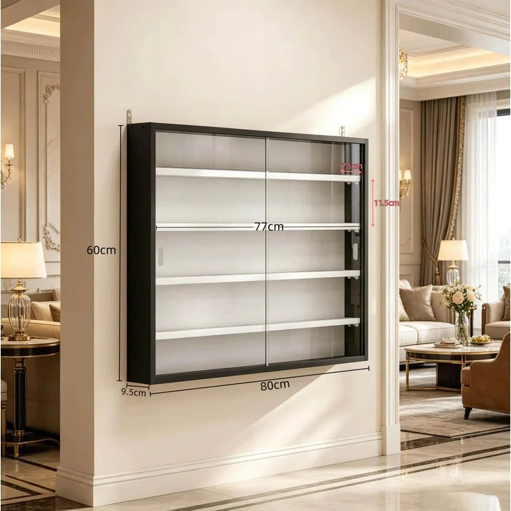 DESVIAE Regal als Wandvitrine Schwarz/Weiß aus Glas/Spanplatte – 80x60x9,5 cm – 2 Glasschiebetüren – Bild 9
