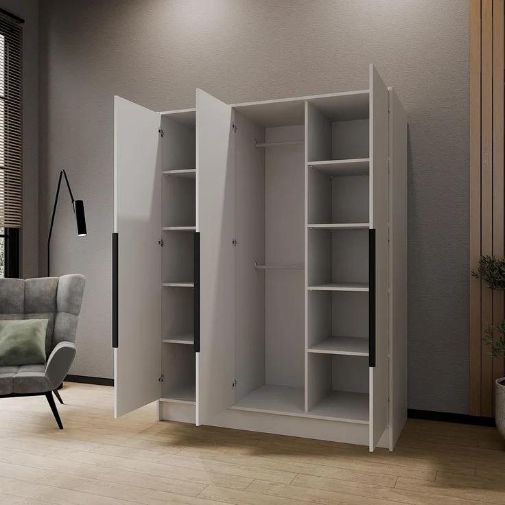 MEBLINI Kleiderschrank PORTINA 150cm - Weiß Matt - mit schwarzen Griffen - Drehtürenschrank ohne Spiegel - Kleiderstangen und Regalböden – Bild 4