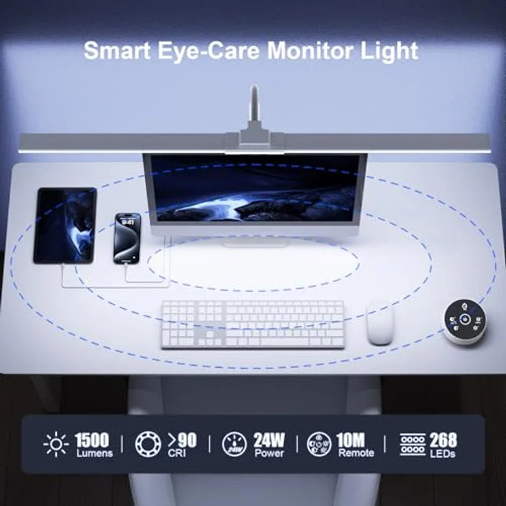 YICAIZI Schreibtischlampe LED Dimmbar - 1500LM 24W Klemmbar Büroschreibtischlampe mit Fernbedienung, 80CM Schwanenhals Schreibtisch Lampe USB-Ladeanschluss, für Büro & Zuhause, Weiß – Bild 9