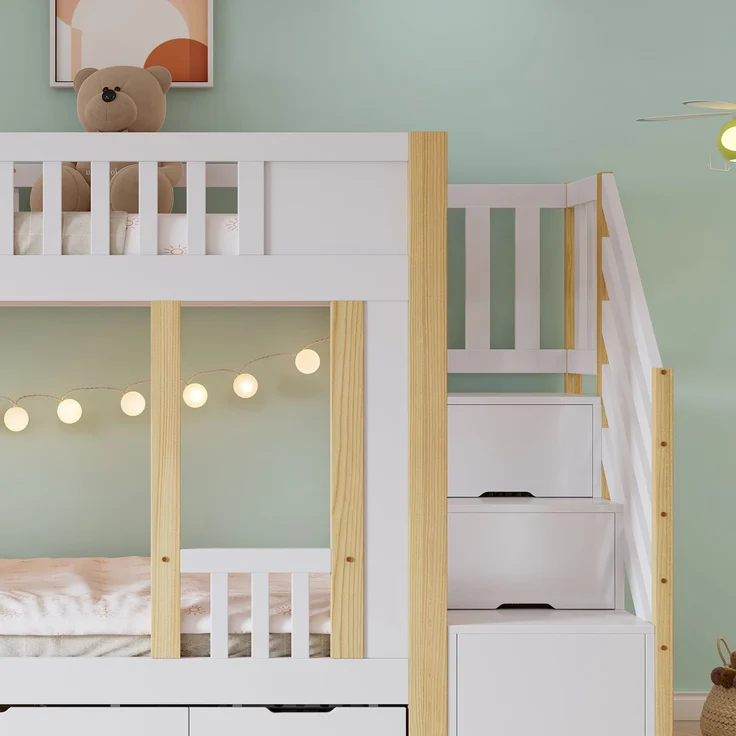 Etagenbett 90×200 cm platzsparendes Kinderbett mit Treppenschrank & 3 Schubladen auf Rollen,kleine Kritzeltafel,Weiß & Natur – Bild 5