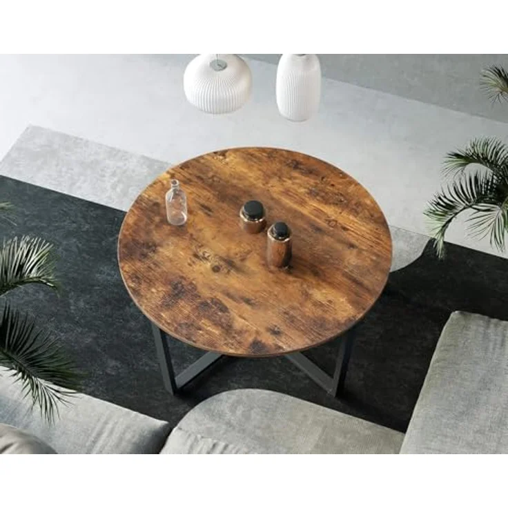 Vasagle Couchtisch rund, Wohnzimmertisch, Sofatisch, Kaffeetisch, stabiles Stahlgestell, einfacher Aufbau, Industrie-Design, Vintagebraun-schwarz LCT88X – Bild 5