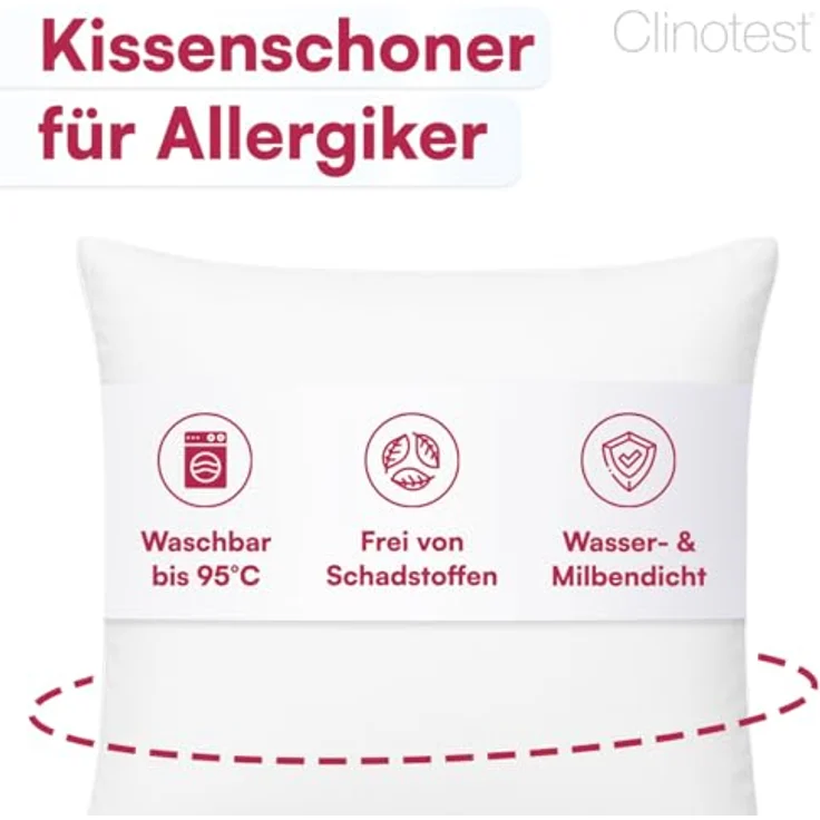 Clinotest Kissenbezug Wasser- und Milbendicht, (1 Stück), Kissenschoner hypoallergen & atmungsaktiv, PU-Bezug waschbar bei 90°C – Bild 3