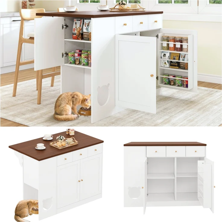 Merax Kücheninsel, Küchenwagen & Sideboard mit Schubladen – mit ausziehbarer Arbeitsplatte, Würzregal, Haustierfressbereich (ohne Katzensteller), Weiß + Nussbaumfarbe – Bild 2