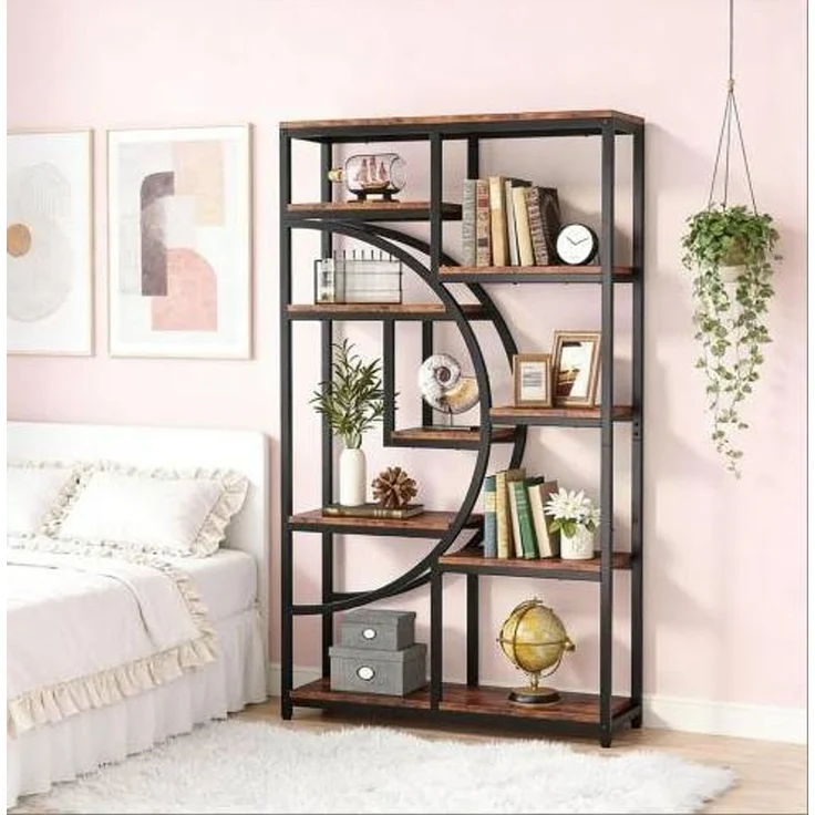 DESVIAE Regal mit 9 offenen Fächern aus Metall und Holz, Schwarz/Rustikbraun, 95 x 30 x 174 cm – Bild 2