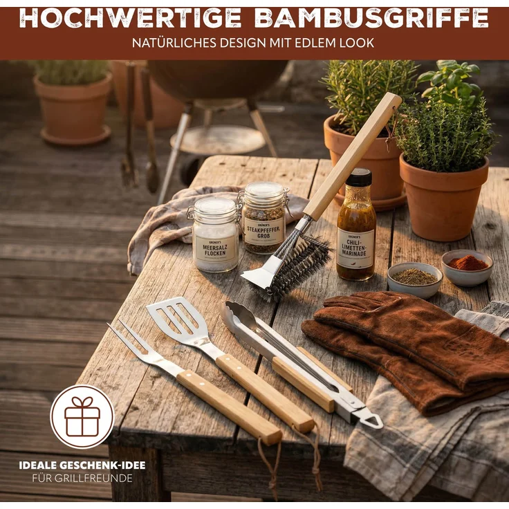 eluno Grillbesteck 4er-Set, Edelstahl und Bambus – Bild 6