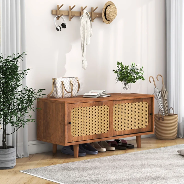 Flurschrank, 104x40x48 cm, Walnuss-Schuhschrank mit Rattantüren & verstellbaren Böden – Bild 2