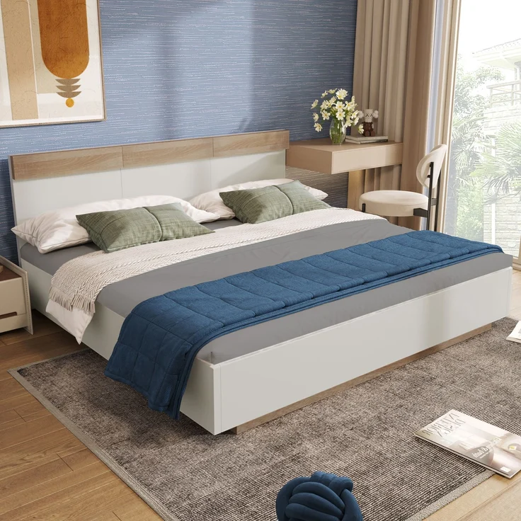 Schwebebett 140x200 cm, Doppelbett in Eiche & Weiß mit Wildeiche Kopfteil,komfortable Liegehöhe – Bild 3