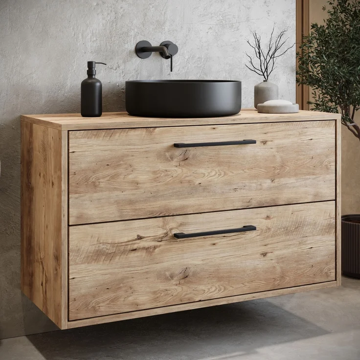 Badplaats Waschtischunterschrank Florence 80 x 46 cm – Kastanie Eiche – Hängender Unterschrank mit 2 Schubladen und schwarzen Griffen – Bild 2