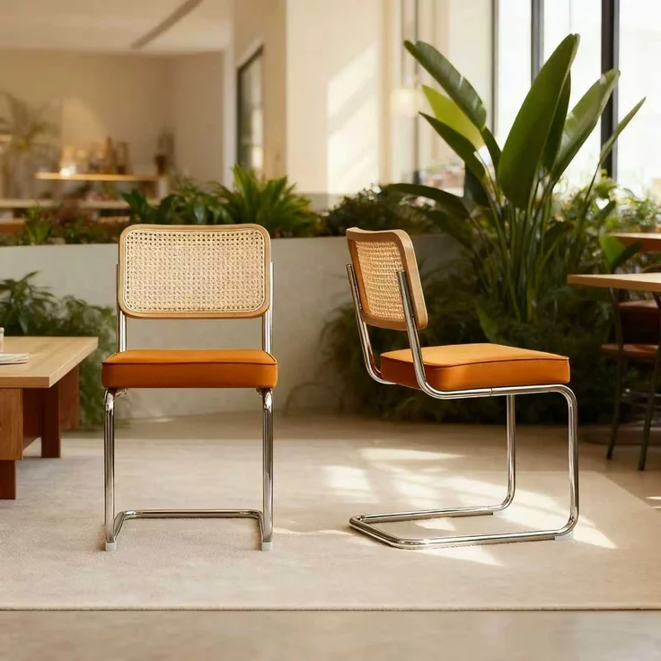 LVHOM Freischwinger 2er Set Esszimmerstuhl, Retro Küchenstuhl mit Chromgestell & Rattan-Rückenlehne, gepolsterter Samtsitz, stapelbar, moderne Wohnzimmerstuhl, Orange – Bild 8