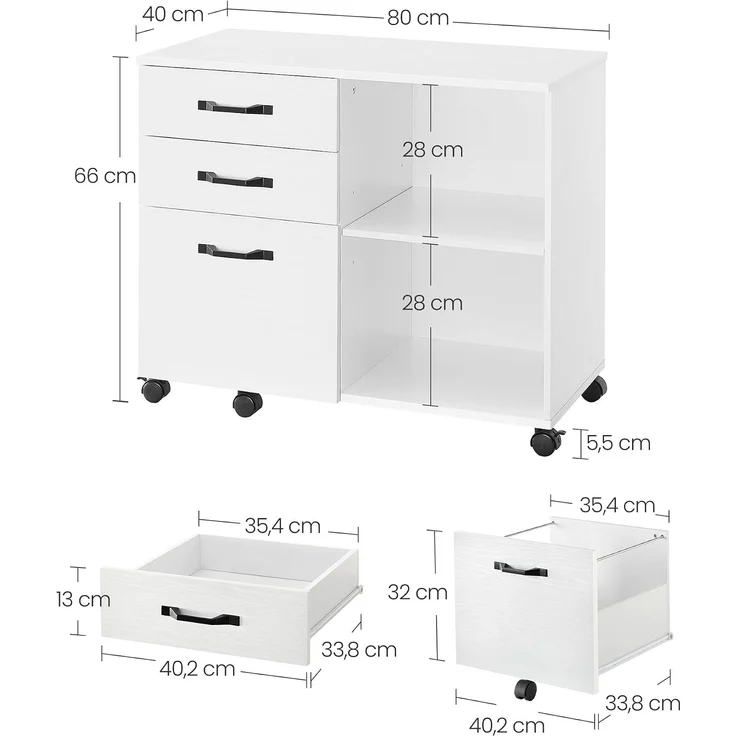 VASAGLE Aktenschrank, Rollcontainer, frei beweglich, mit Rollen und 3 Schubladen, für Dokumente in DIN A4, Letter-Format, Druckerständer, Industriestil, Weiß von SONGMICS OFC041W01 – Bild 3