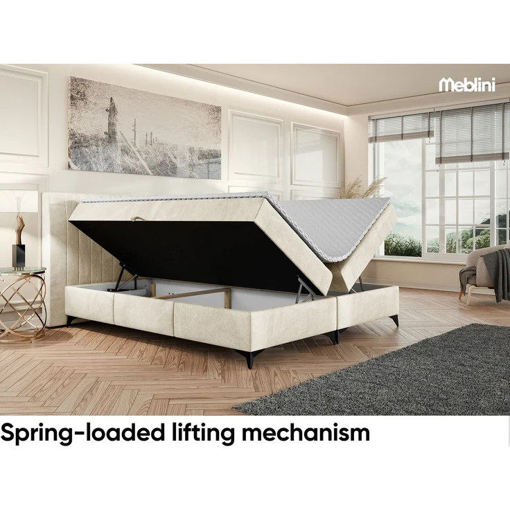 MEBLINI Boxspringbett NANI 160x200cm - H3P/Creme Samt - mit Bettkasten - Polsterbett - Doppelbett mit Topper & Taschenfederkern-Matratze – Bild 3