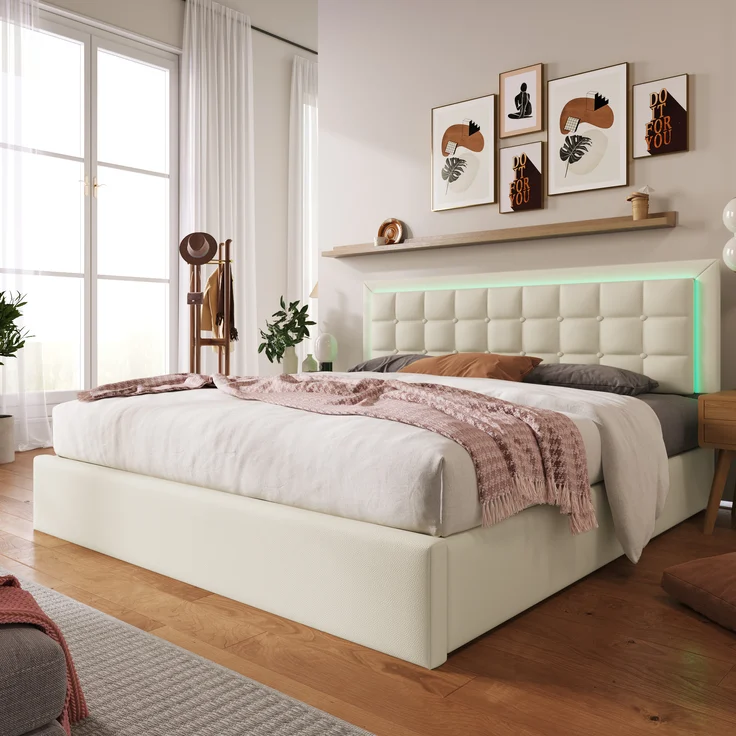 STILVORA Polsterbett 180x200cm, Doppelbett mit LED-Beleuchtungsleiste und Stauraum, Weiß (inkl. Matratze, mit Lattenrost)