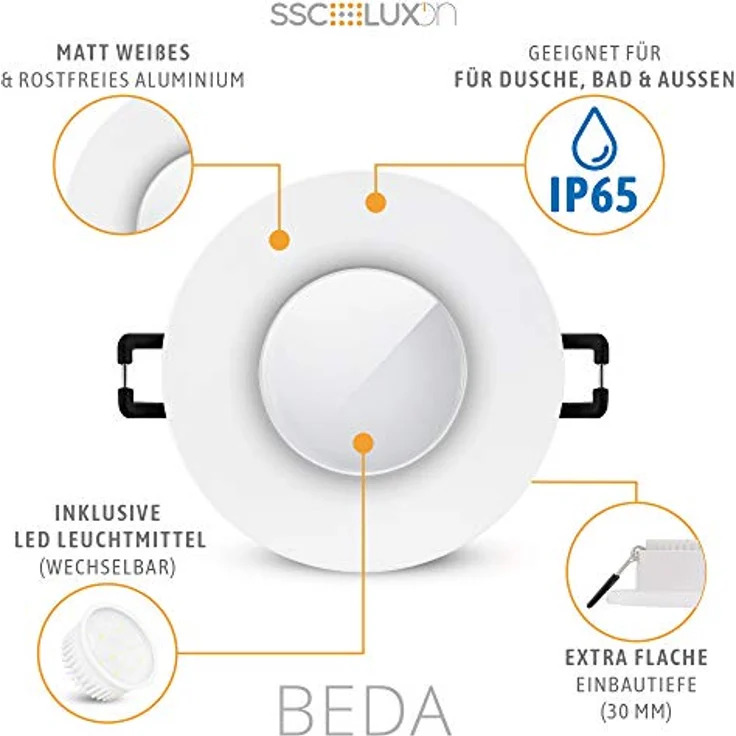 SSC-LUXon BEDA Einbaustrahler IP65, flach 30mm mit wechselbarem LumiFLEX LED Modul 4W, warmweiß + neutralweiß + tageslicht, rund, weiß, für Dusche und Außenbereich, 230V – Bild 4