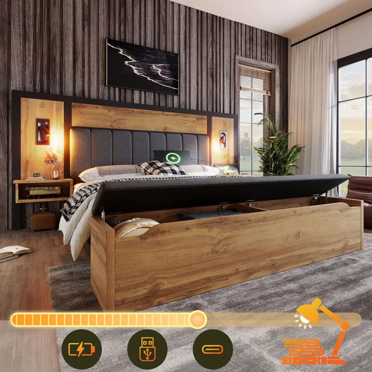 EINHOM Doppelbett Polsterbett 160 x 200 cm, Bettanlage mit Leselampe und USB C Nachttisch und Sitzbank mit Stauraum, Bettgestell mit Lattenrost aus Metall, Holz und Leinen, Eiche, (Ohne Matratze)